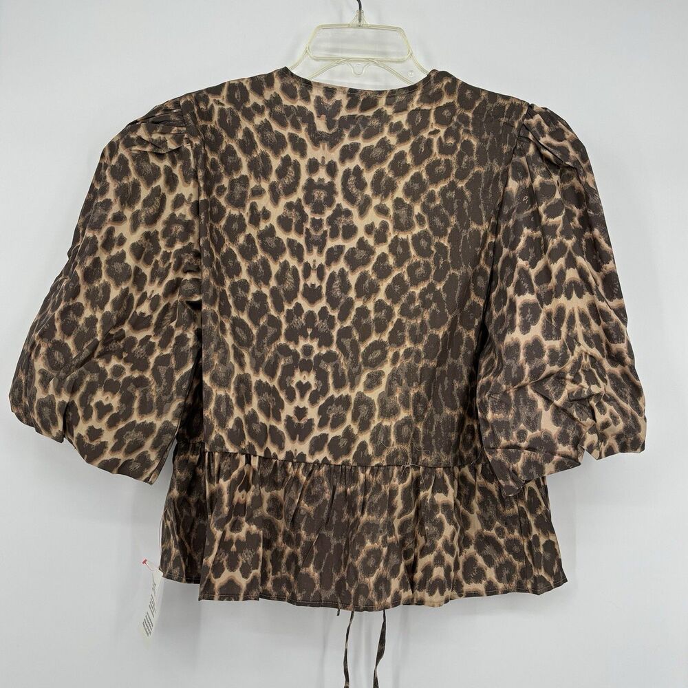 Asos Sz Mediu Tie Front Leopard Print Cotton Peplum Babydoll Top Puff Sleeve NWT - Picture 3 of 11